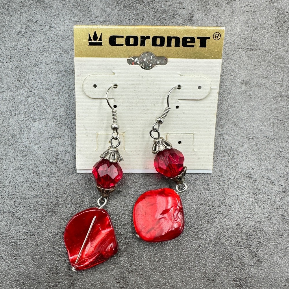 Coronet Vintage Red Bead & Faceted Crystal Silver-Tone Statement Dangle Earrings
